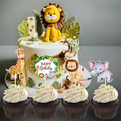 6pcs Watercolor Animal Cupcake Toppers for Wild One Jungle Safari Birthday Party
