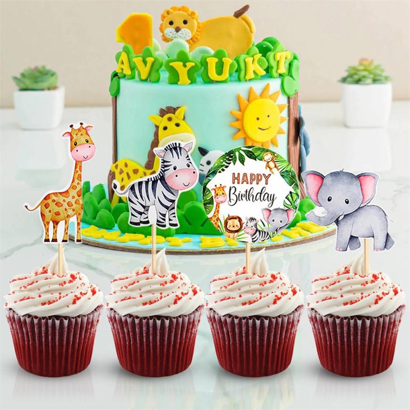 6pcs Watercolor Animal Cupcake Toppers for Wild One Jungle Safari Birthday Party