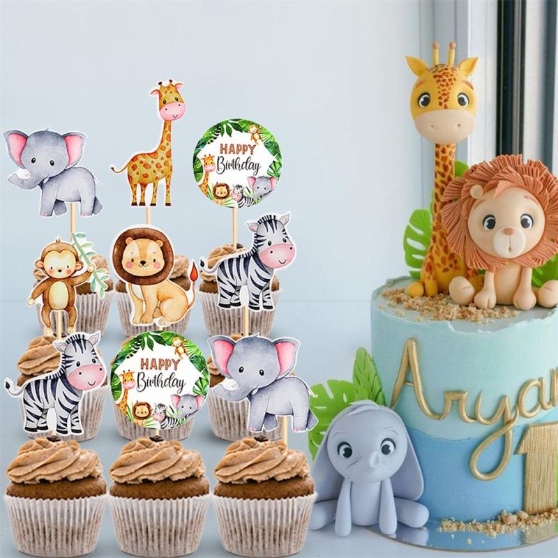 6pcs Watercolor Animal Cupcake Toppers for Wild One Jungle Safari Birthday Party