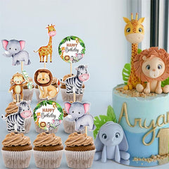 6pcs Watercolor Animal Cupcake Toppers for Wild One Jungle Safari Birthday Party