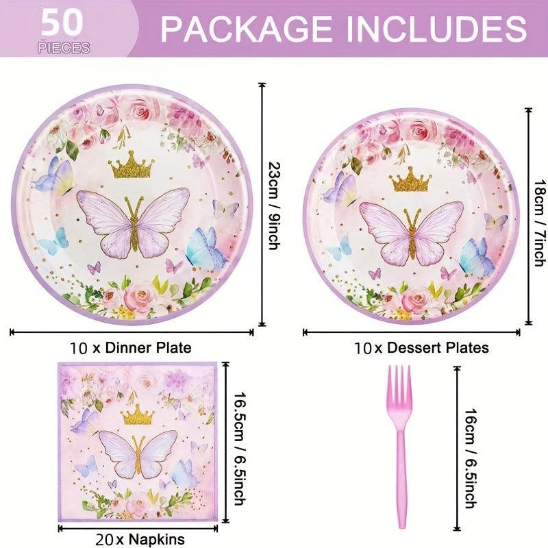 Butterfly Party Supplies Set for 10 Guests - Spring Floral Plates