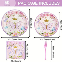 Butterfly Party Supplies Set for 10 Guests - Spring Floral Plates