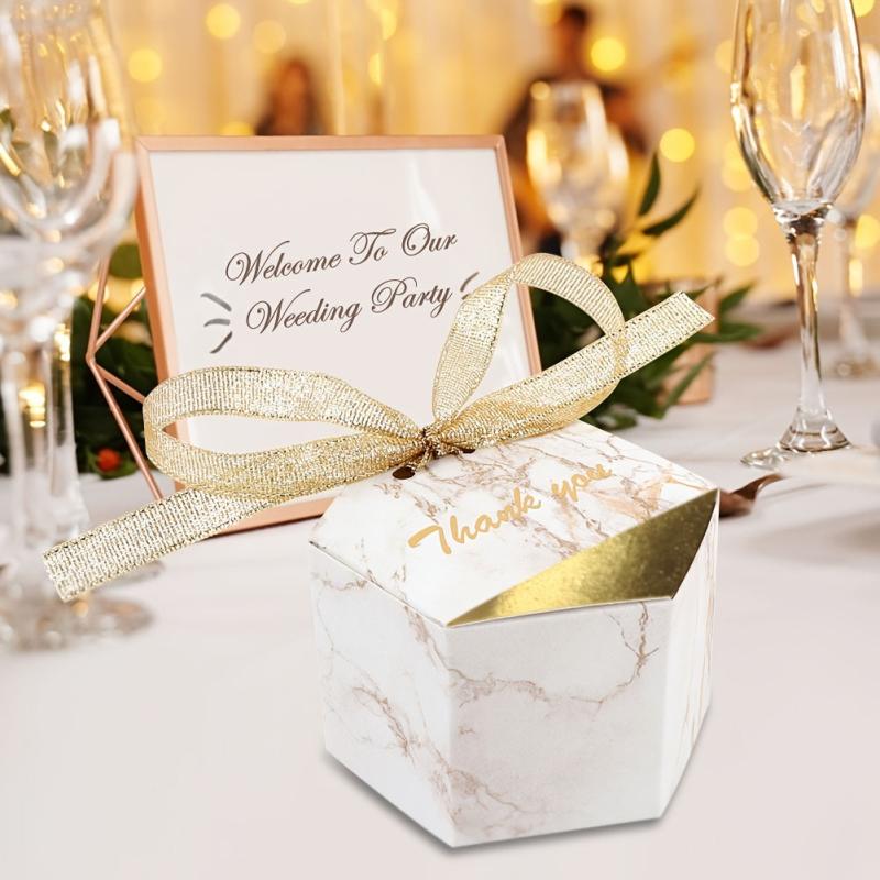 50 Marble Wedding Favor Boxes w/ Ribbons - Perfect for Candy Chocolat