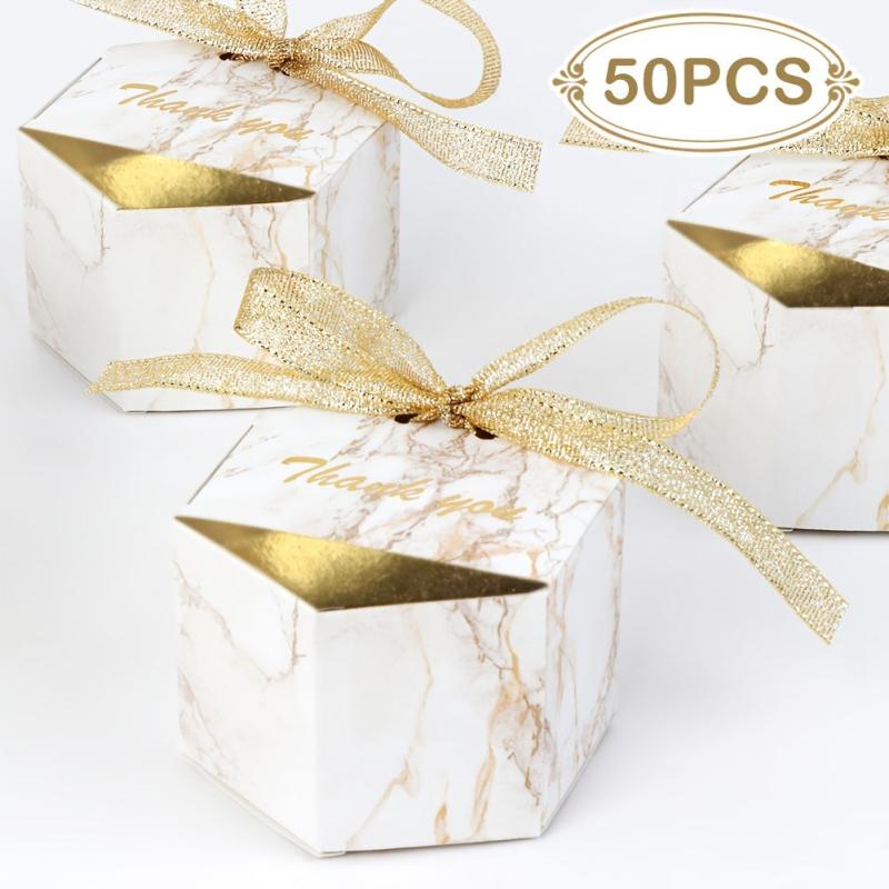 50 Marble Wedding Favor Boxes w/ Ribbons - Perfect for Candy Chocolat