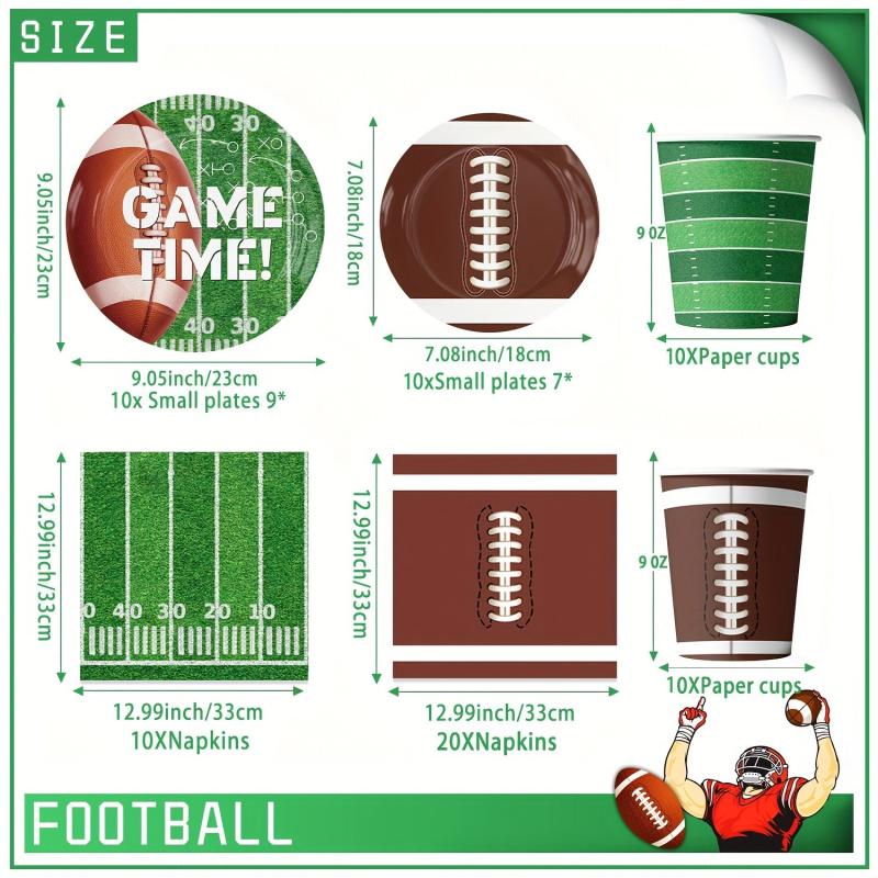 Football Party Supplies Kit - Plates, Napkins, Cups, Table Cloths - Set of 10