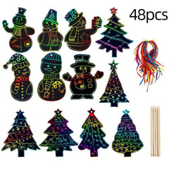 48pcs Snowman Christmas Tree Scratch Painting Paper DIY Bookmark