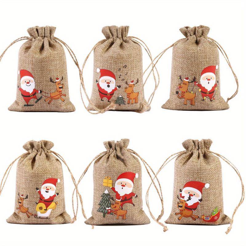 6pcs Christmas Linen Flax Bag Drawstring Pouch Jewelry Packaging Party Gift Bags