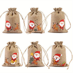 6pcs Christmas Linen Flax Bag Drawstring Pouch Jewelry Packaging Party Gift Bags