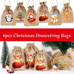 6pcs Christmas Linen Flax Bag Drawstring Pouch Jewelry Packaging Party Gift Bags