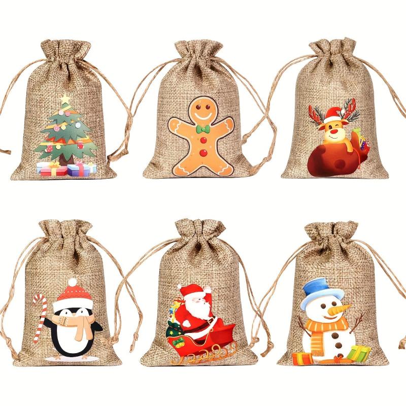 6pcs Christmas Linen Flax Bag Drawstring Pouch Jewelry Packaging Party Gift Bags