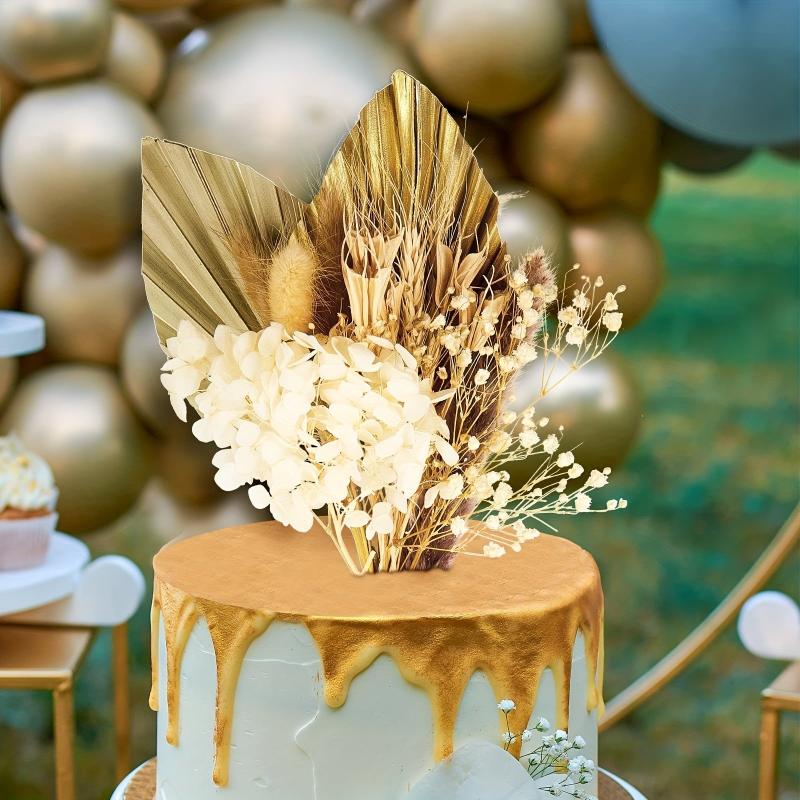 Boho Cake Topper with Palm Leaves Bunny Tail Dried Flowers