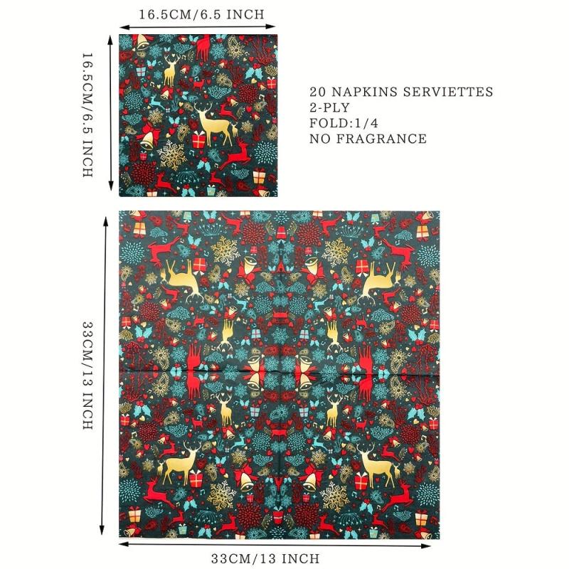 20pcs Merry Christmas Printed Paper Napkins 33.02x33.02cm Party Supplies