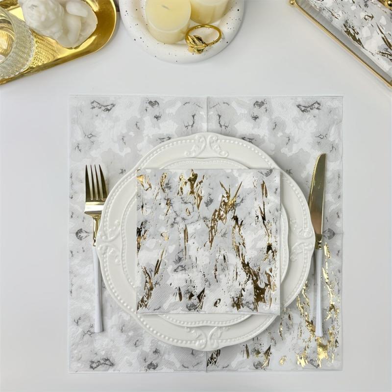 16pcs Marble Bronzing Napkins Wedding Party Decoration Paper Towel 33x33cm