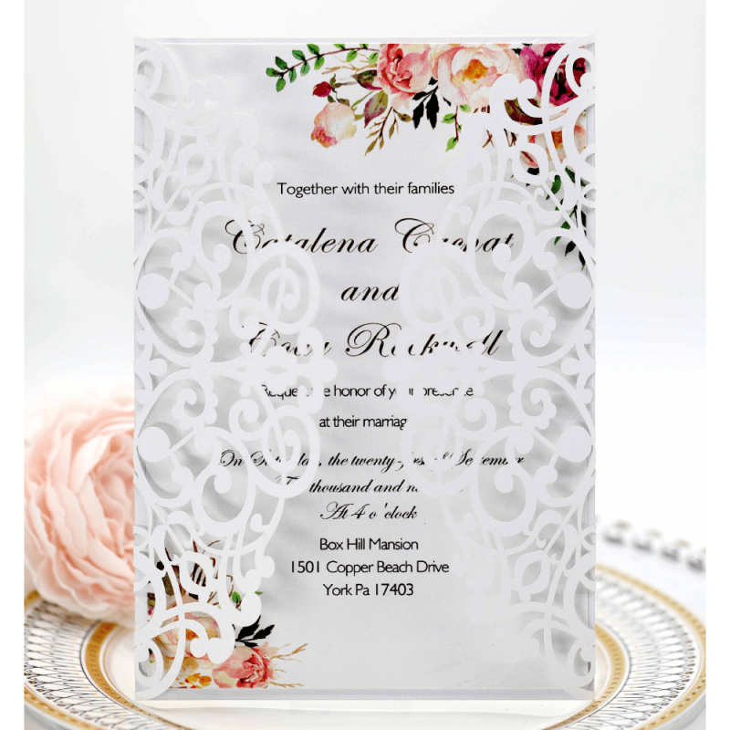 10pcs Laser Cut Pearl Wedding Invitations Card With Inner Cards & Envelope White