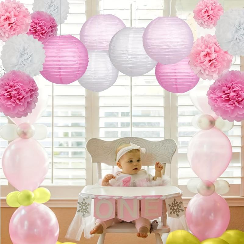 Pink Baby Girl Birthday Decoration Lantern Paper Flower Ball Set
