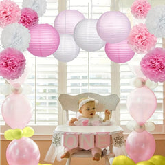 Pink Baby Girl Birthday Decoration Lantern Paper Flower Ball Set