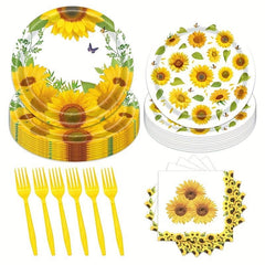 Sunflower Party Tableware Set - 96pcs, Includes Plates, Napkins, Forks