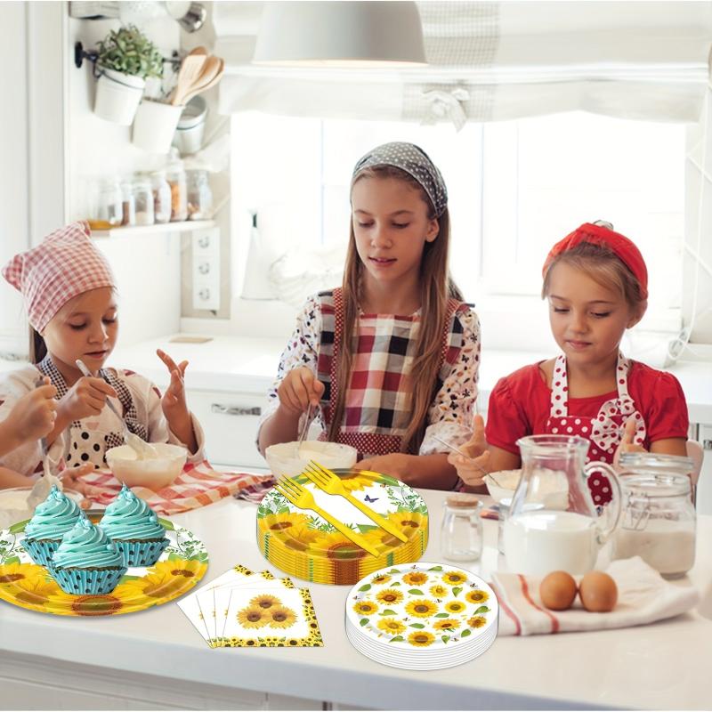Sunflower Party Tableware Set - 96pcs, Includes Plates, Napkins, Forks