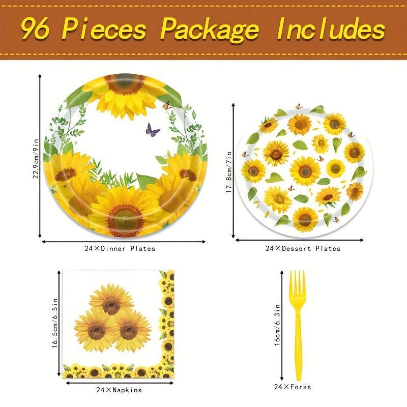 Sunflower Party Tableware Set - 96pcs, Includes Plates, Napkins, Forks