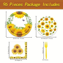 Sunflower Party Tableware Set - 96pcs, Includes Plates, Napkins, Forks