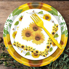 Sunflower Party Tableware Set - 96pcs, Includes Plates, Napkins, Forks