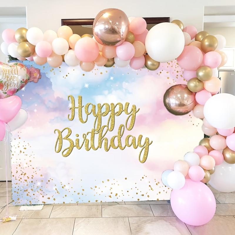 Rainbow Birthday Backdrop Watercolor Clouds Confetti