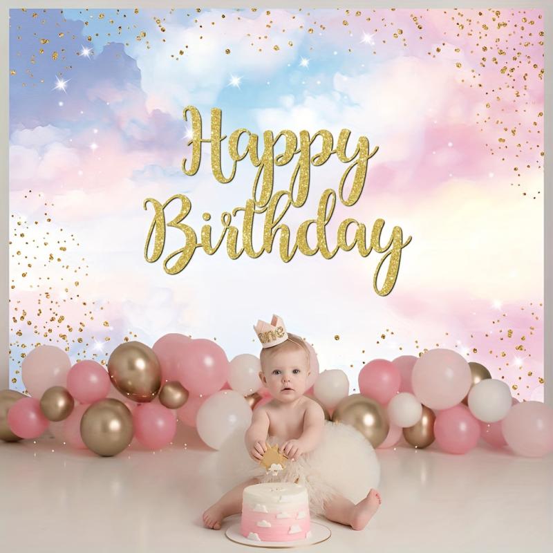 Rainbow Birthday Backdrop Watercolor Clouds Confetti