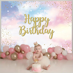 Rainbow Birthday Backdrop Watercolor Clouds Confetti