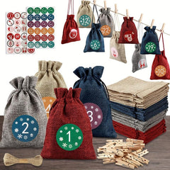 24-Piece Christmas Countdown Candy Bag Linen Drawstring Small Cloth Bag