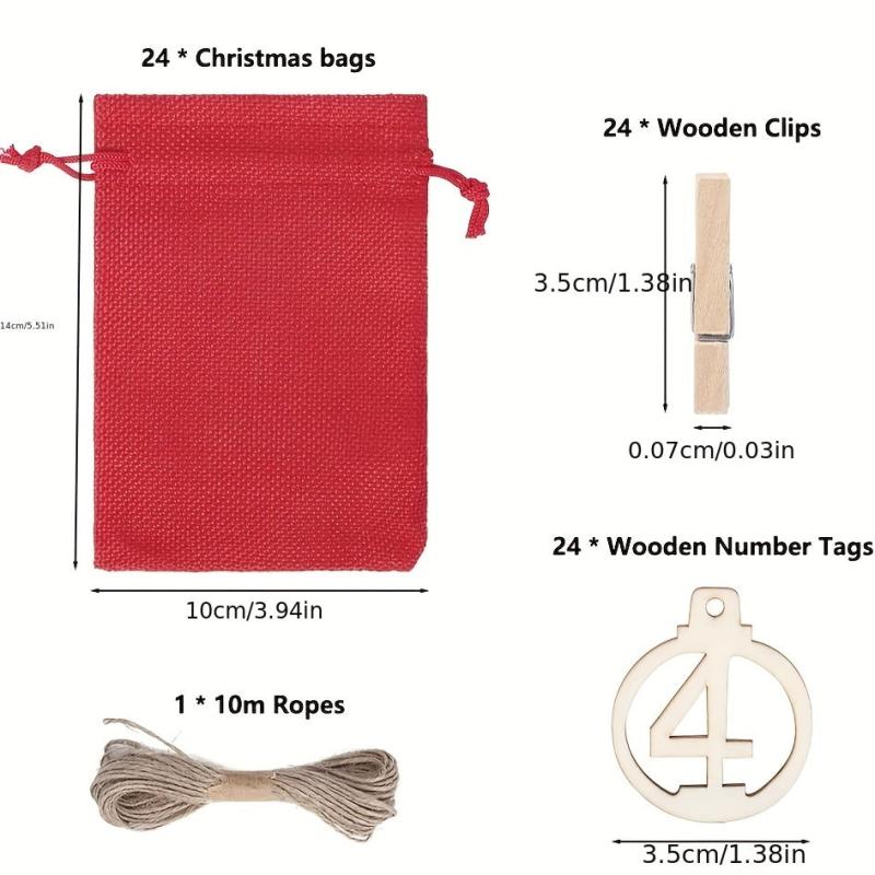 Burlap Christmas Calendar Hanging Bag with Wooden Tag