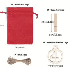 Burlap Christmas Calendar Hanging Bag with Wooden Tag