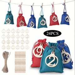 Burlap Christmas Calendar Hanging Bag with Wooden Tag