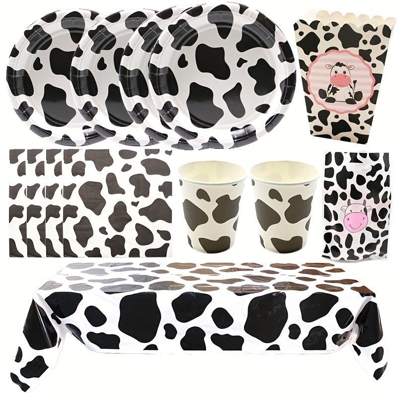 Cow Birthday Party Supplies Set - Plates, Cups, Napkins, Tablecloth - Farm Theme