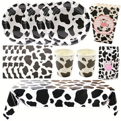Cow Birthday Party Supplies Set - Plates, Cups, Napkins, Tablecloth - Farm Theme