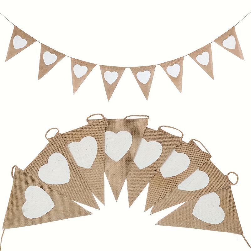 2pcs Heart Shape Burlap Banner Flags Pennant Banner For Garden Party
