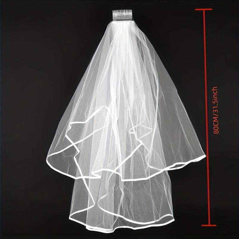 2 Tier Wedding Veil with Ribbon Edge and Comb - Bridal Anniversary Bachelorette