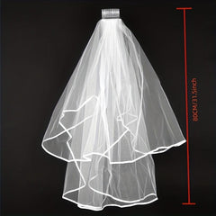 2 Tier Wedding Veil with Ribbon Edge and Comb - Bridal Anniversary Bachelorette