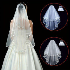 2 Tier Wedding Veil with Ribbon Edge and Comb - Bridal Anniversary Bachelorette