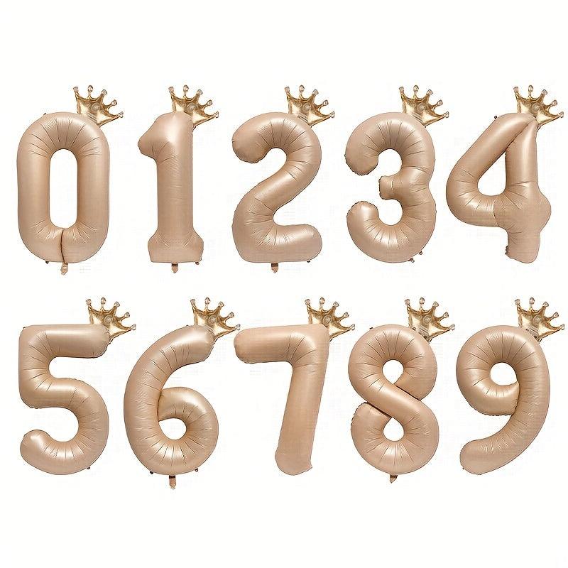 Beige Caramel Heart Crown Birthday Number Foil Balloon Bundle