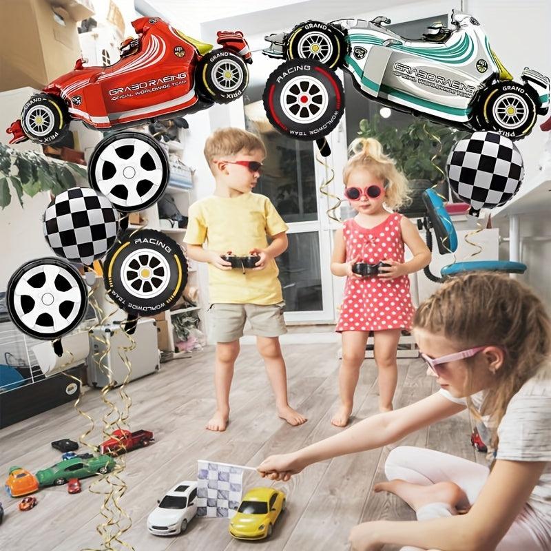 10pcs Racing Car Balloons + Checkered Foil Balloons Party Decorations