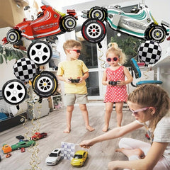 10pcs Racing Car Balloons + Checkered Foil Balloons Party Decorations