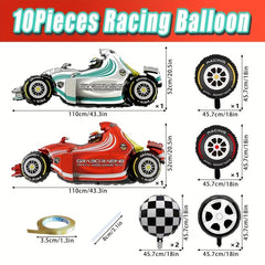 10pcs Racing Car Balloons + Checkered Foil Balloons Party Decorations
