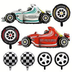 10pcs Racing Car Balloons + Checkered Foil Balloons Party Decorations