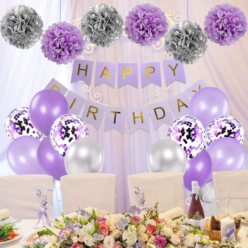 Purple & Silver Lavender Party Kit - Banner, Flower, Aluminum