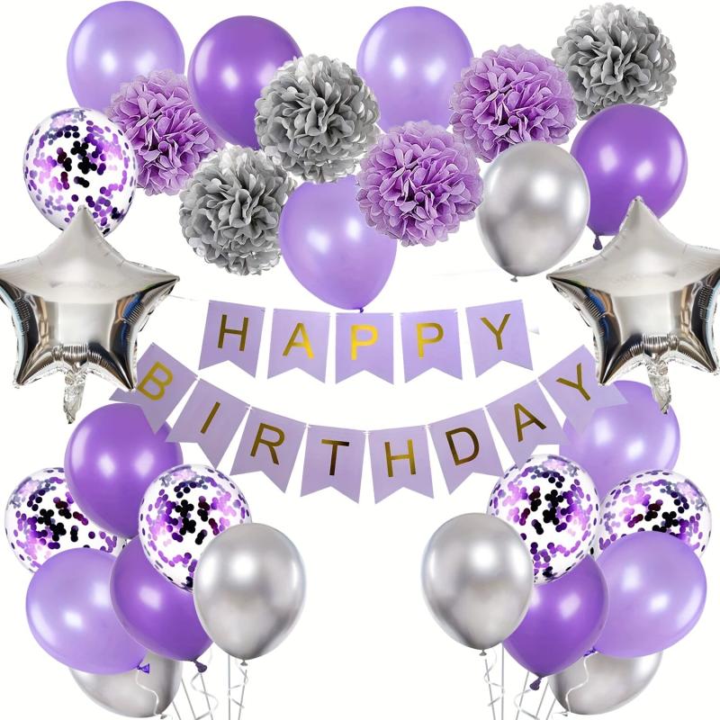 Purple & Silver Lavender Party Kit - Banner, Flower, Aluminum