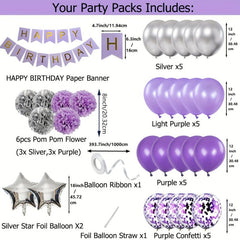 Purple & Silver Lavender Party Kit - Banner, Flower, Aluminum