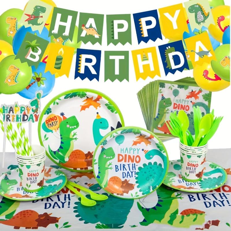 110pcs Green Dinosaur Birthday Party Tableware Set