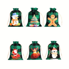 6pcs Christmas Plaid Gift Bags Mini Drawstring Christmas Gift Bags