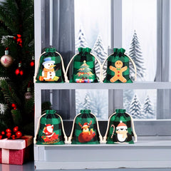 6pcs Christmas Plaid Gift Bags Mini Drawstring Christmas Gift Bags