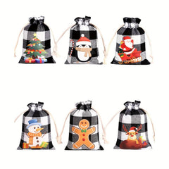 6pcs Christmas Plaid Gift Bags Mini Drawstring Christmas Gift Bags